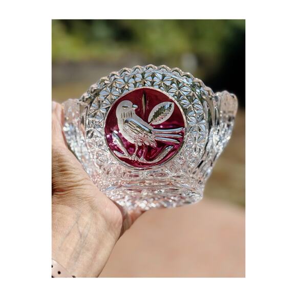 Hofbauer Byrdes Cut Glass Oval Crystal Bowl Red Bird Motif - Picture 5 of 10